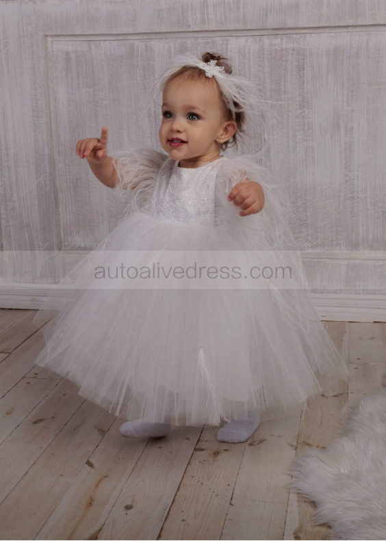 Ivory Lace Feather Flower Girl Dress Baby Blessing Dress